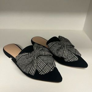 Something Navy black plaid bow mules